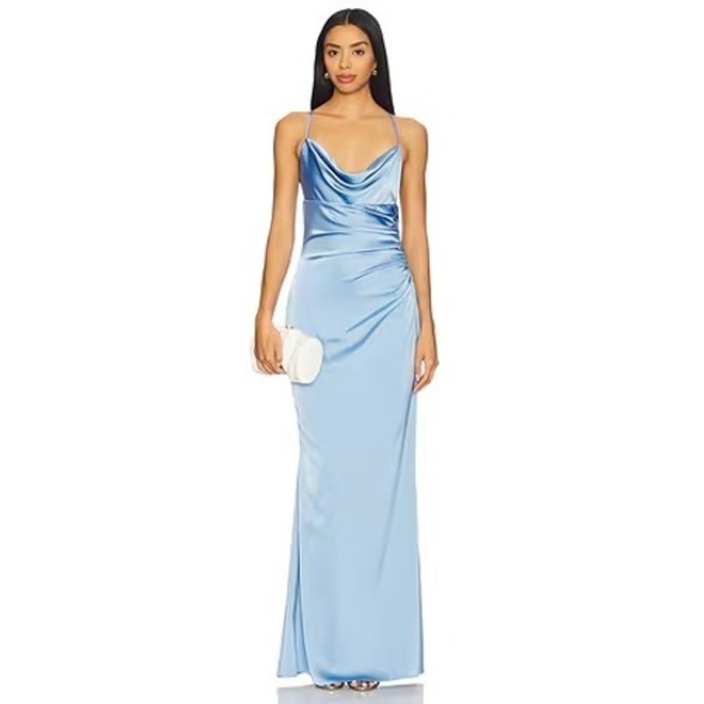 Katie May Los Angeles Blue Satin Cowl Neck Maxi Gown Dress NWT Defect